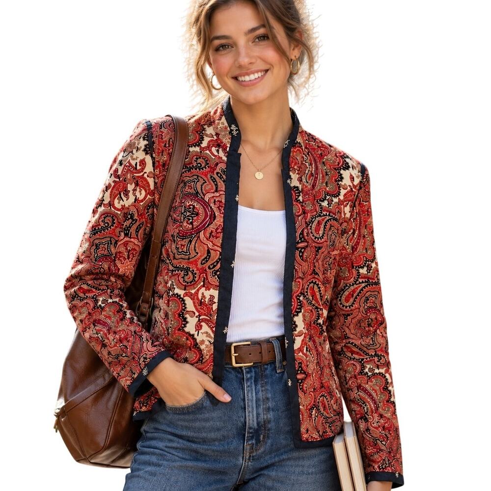 Anthropologie Paisley Waverly Jacket Womens Small Red Boho Quilted Reversible